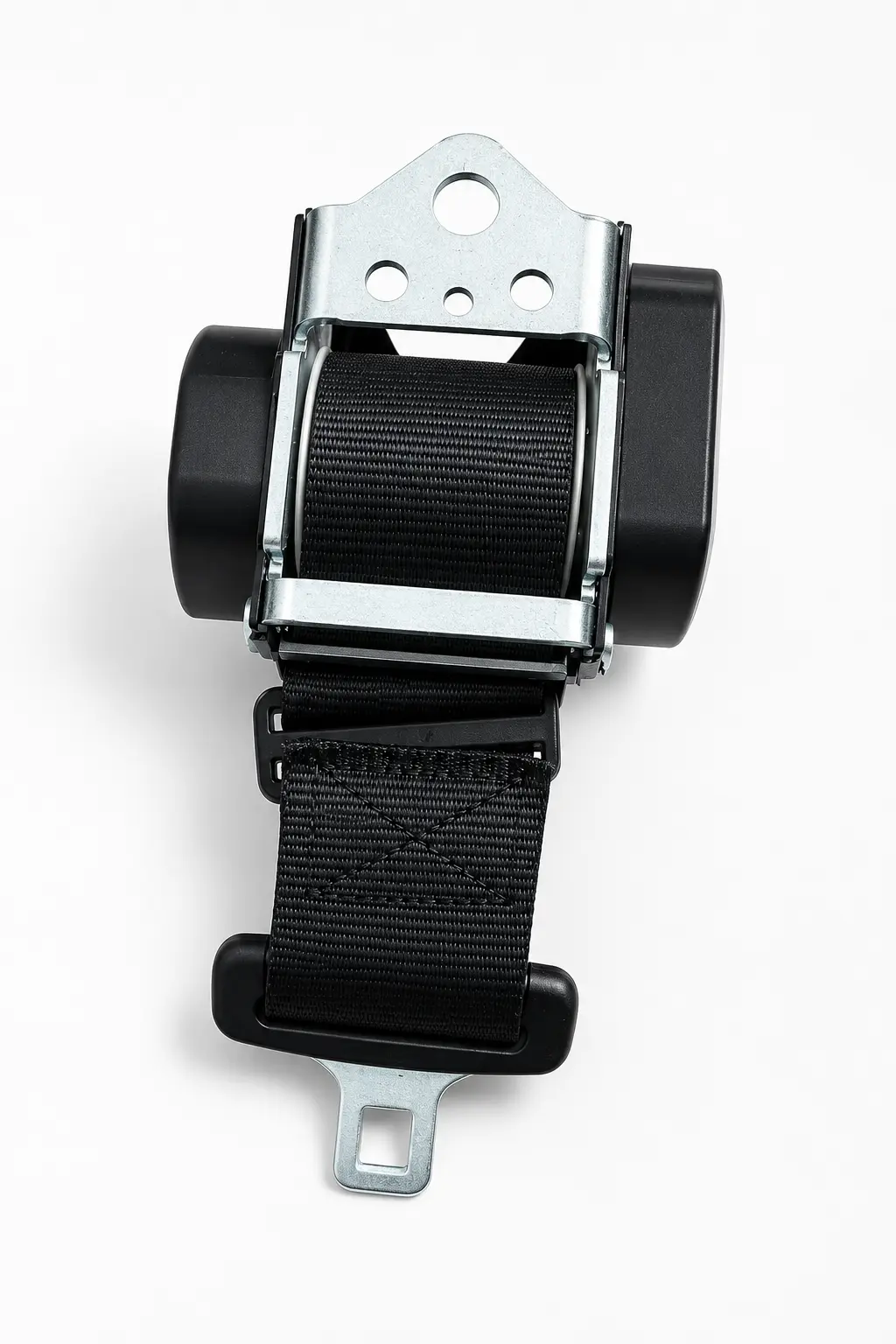 Forklift seat belt assembly showing zinc-plated multi-hole universal mounting bracket