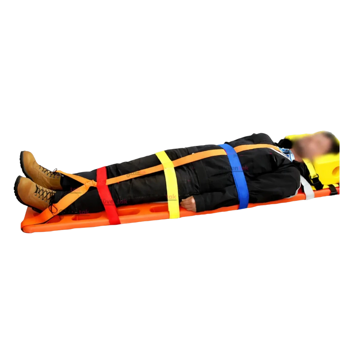 Color-Coded Spider Strap System for Spine Boards Color-coded spider strap system applied on patient and spine board
